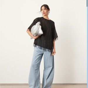 ASOS EDITION woven fringe detail boxy top in black
